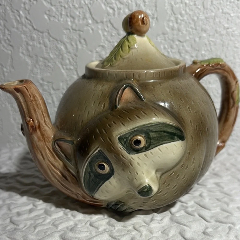 Vintage 1980 Fitz And Floyd FF Raccoon Tea Set Teapot & 2- 8oz Mugs Made Japan